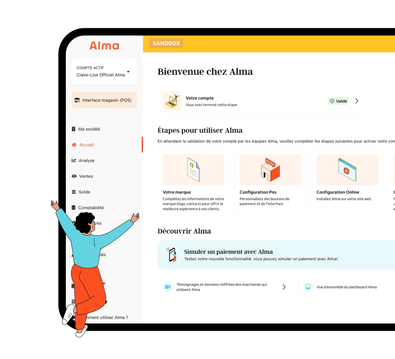 Vous profitez d'un dashboard complet avec Alma : Analyse, Ventes, Solde, Comptabilité et plus encore