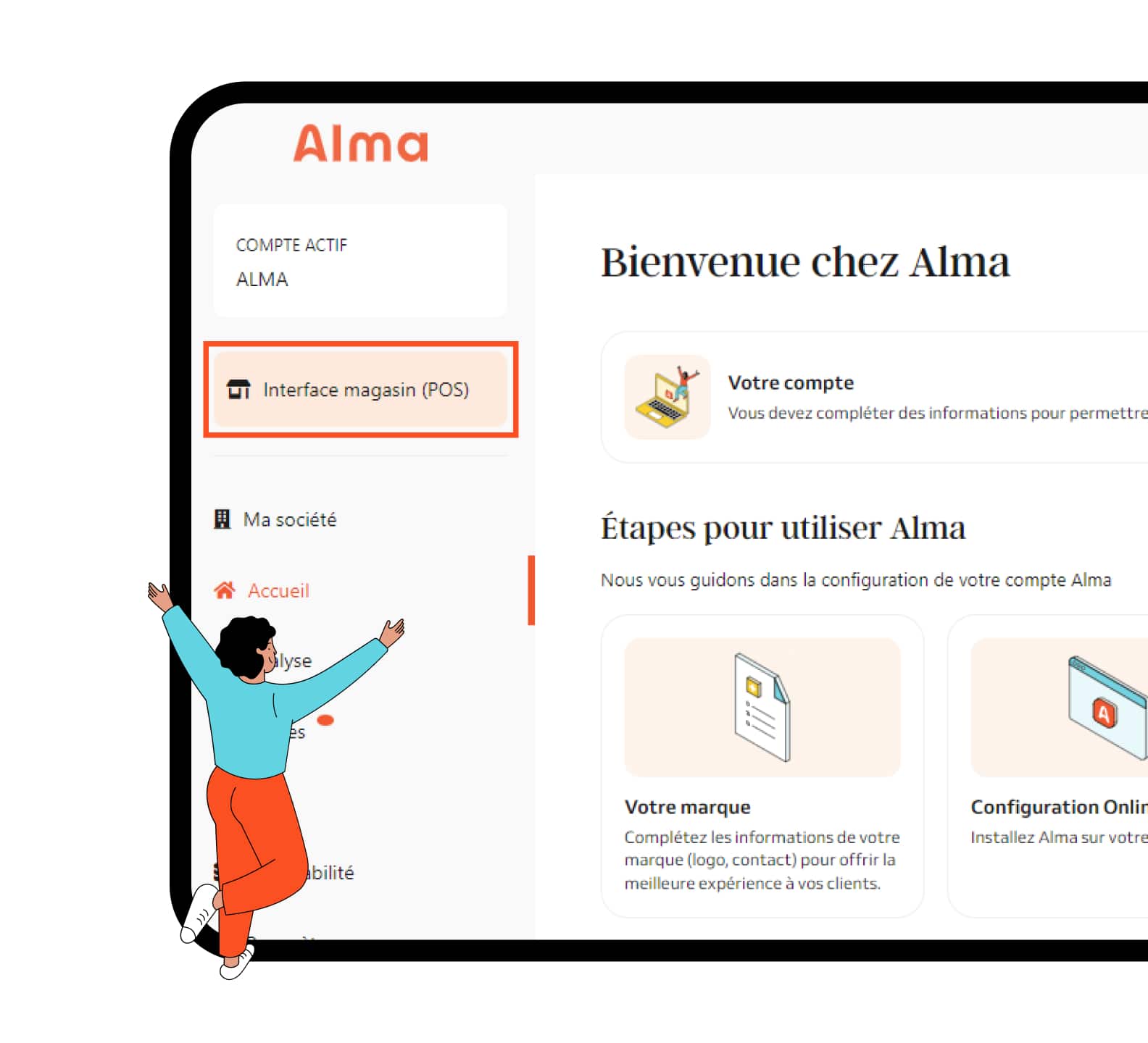 Page d'accueil du dashboard Alma avec accès à l'interface magasin POS