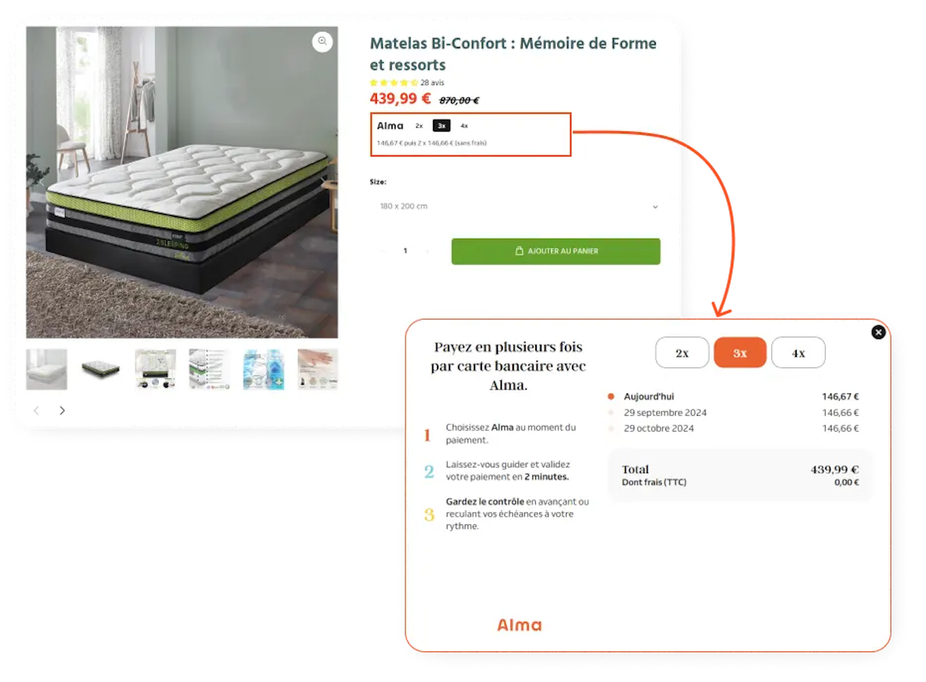 Illustration du widget Alma sur le site e-commerce Sampur