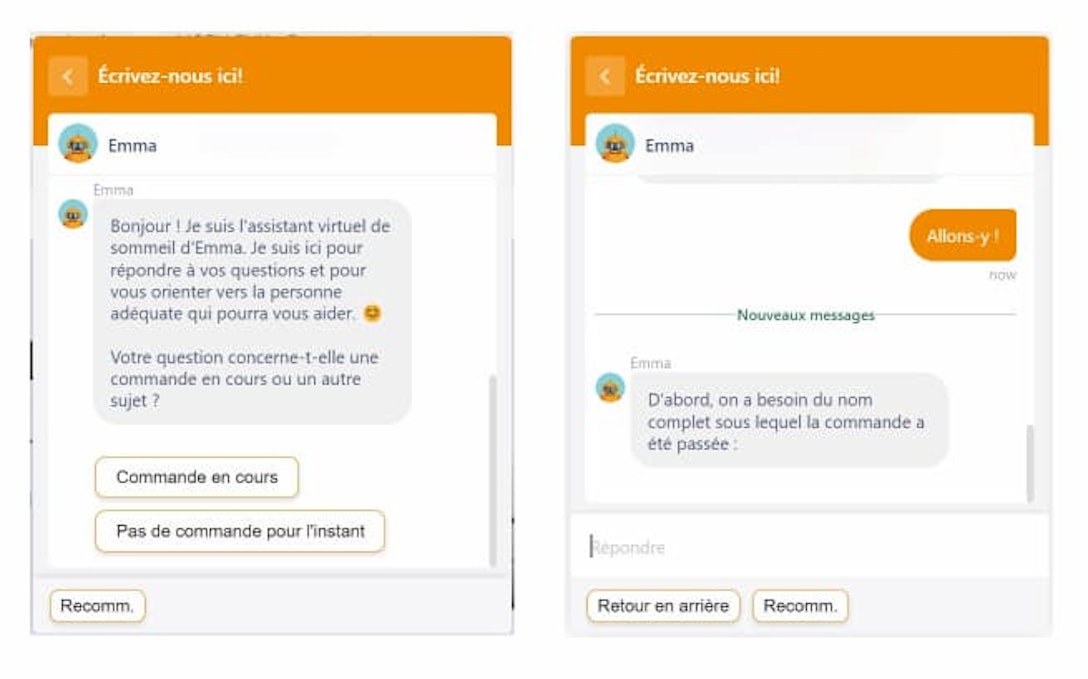 Exemple du chatbot e-commerce proposé sur le site Emma.fr