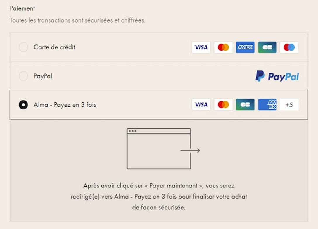 Exemple des moyens de paiement dans le checkout proposé par Balzac Paris.
