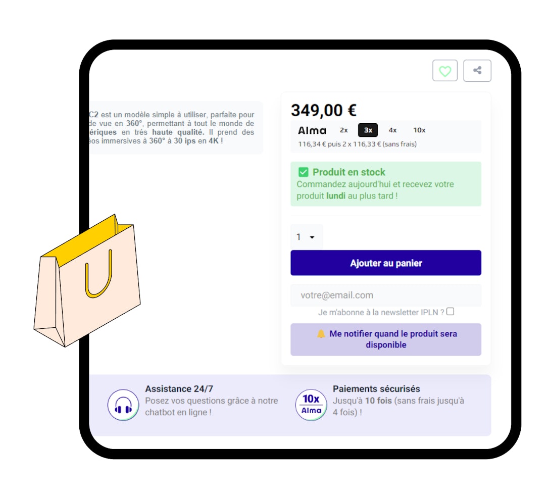 Mise en avant du paiement avec Alma sur une fiche produit du site IPLN.FR