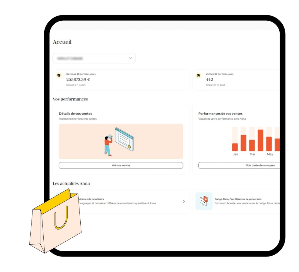 Le tableau de bord Alma avec la mise en avant de KPIs et de liens rapides