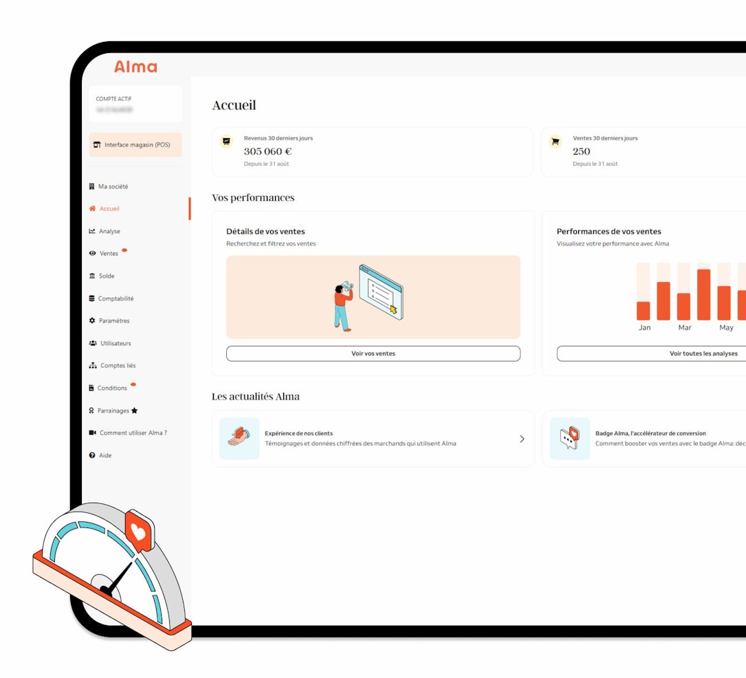 Tableau de bord Alma et mise en avant des KPIs et liens utiles