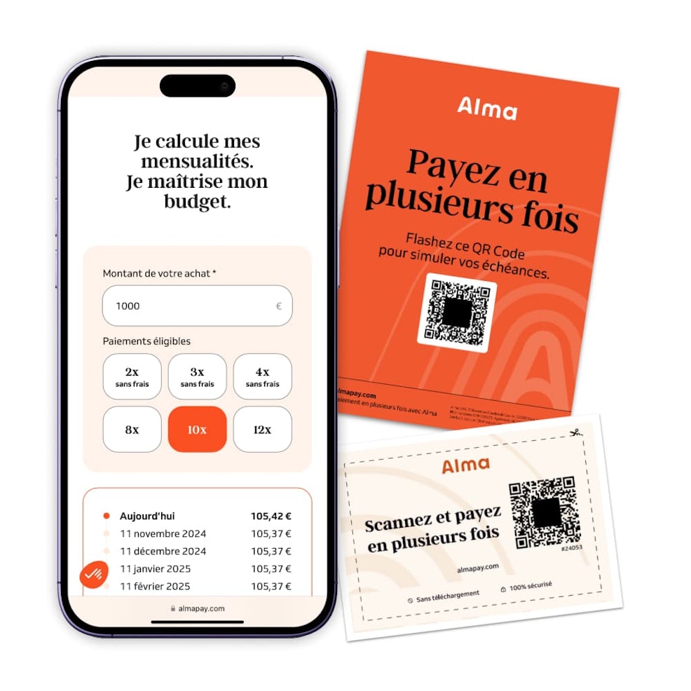 Simulateur de mensualités sur mobile et éléments de PLV pour le promouvoir en boutique