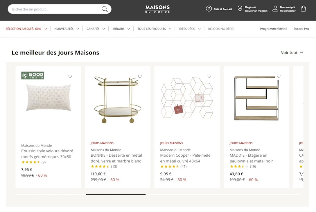 Les produits best seller mis en avant sur le site de Maisons du monde
