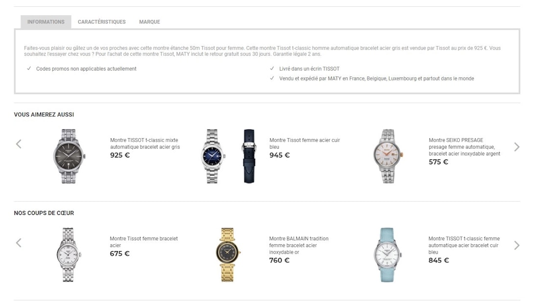 Recommandations personnalisés sur une page Produit Maty