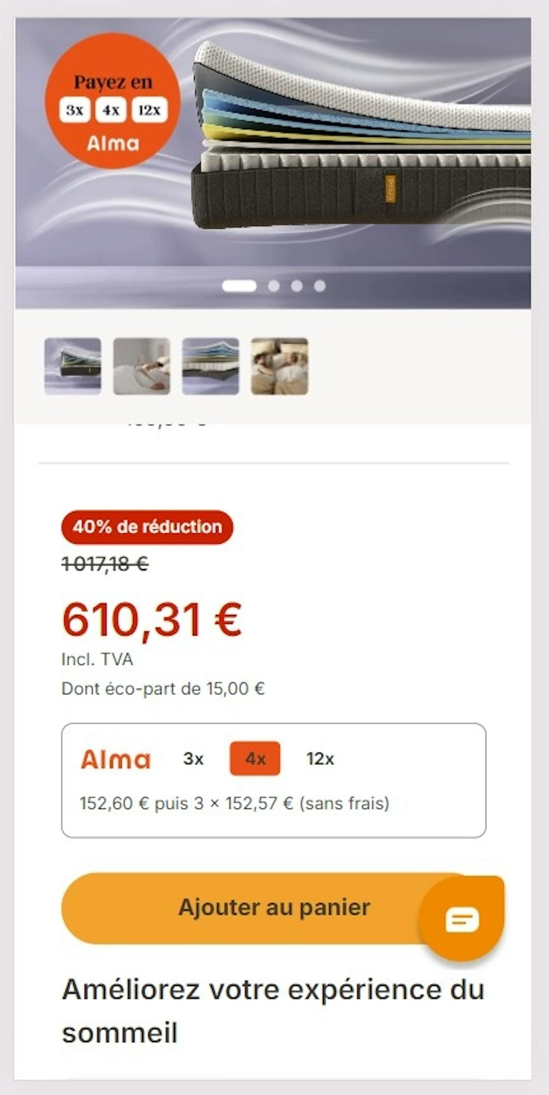 Affichage des facilités de paiement Alma sur les pages produits Emma