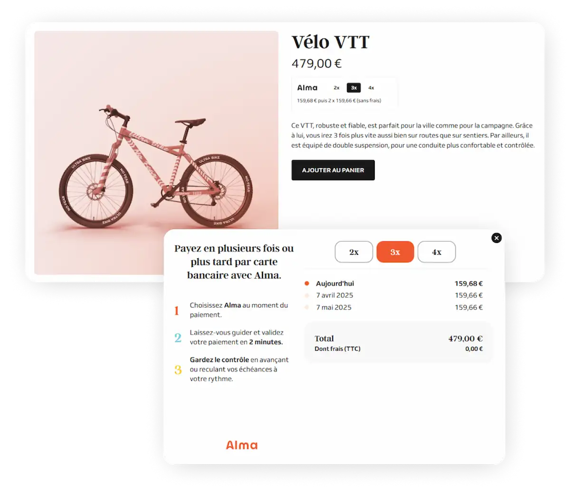 Exemple du widget Alma sur un site e-commerce