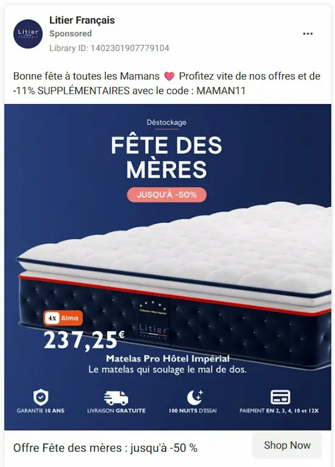 Publicité sur Facebook par la marque Litier Français