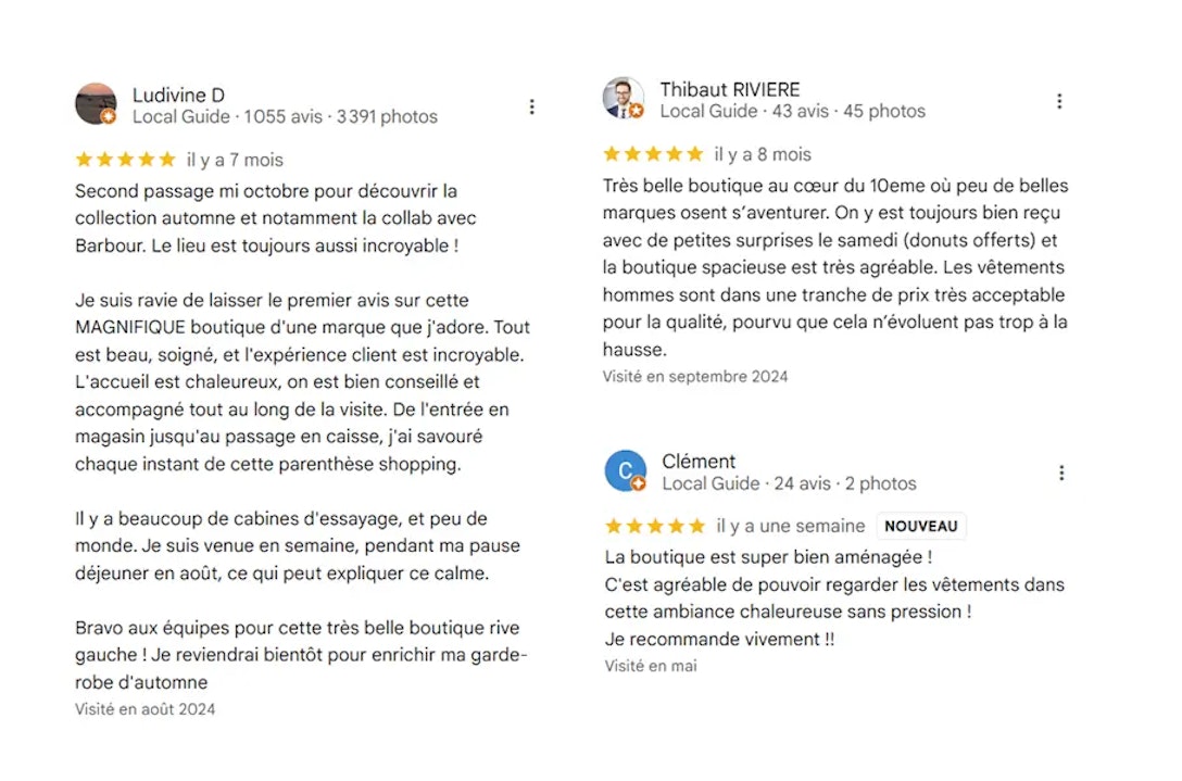 Extraits des avis positifs de l'enseigne Balzac Paris pour l'une de ses boutiques.
