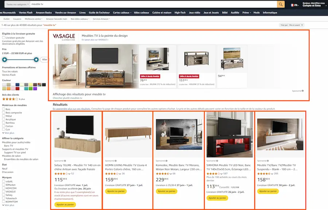 Exemple de résultats sponsoriés avec Amazon (Retail Media)