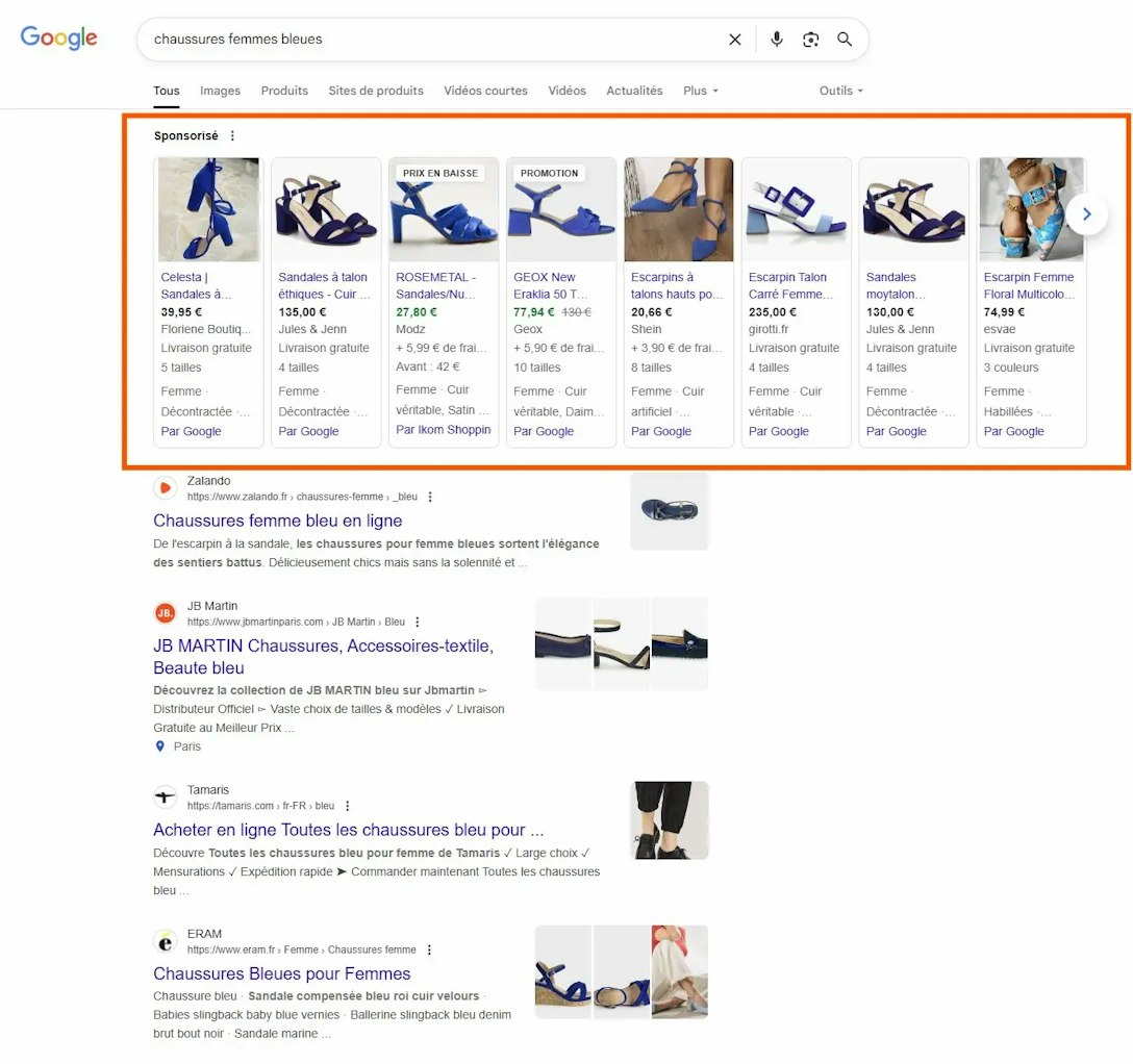 Des résultats sponsorisés par Google Shopping sur une page de résultat