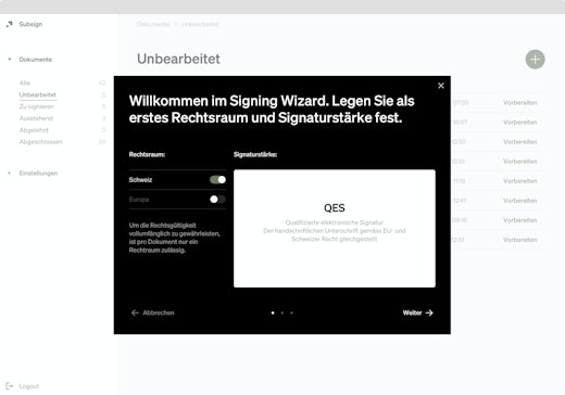 Ein Screenshot von Subsign der die Auswahl des Rechtsraumes zeigt