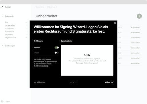 Ein Screenshot von Subsign der die Auswahl des Rechtsraumes zeigt