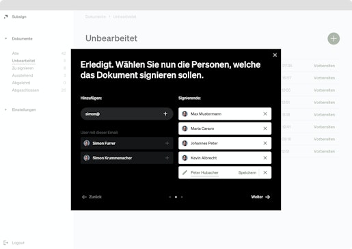 Ein Screenshot von Subsign der zeigt, wie Benutzer eingeladen werden