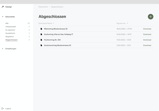 Screenshot Portal der abgeschlossenen Dokumente