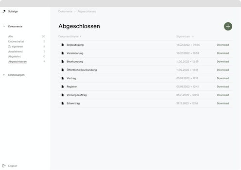 Ein Screenshot von Subsign der abgeschlossenen Dokumente