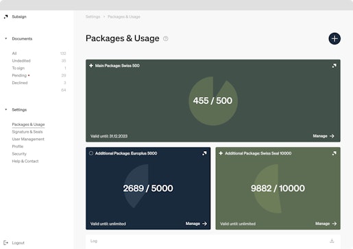 A screenshot of Subsign showing the menu item Packages & Consumption
