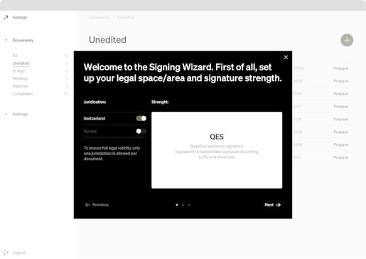 A screenshot of Subsign showing the selection of the legal area