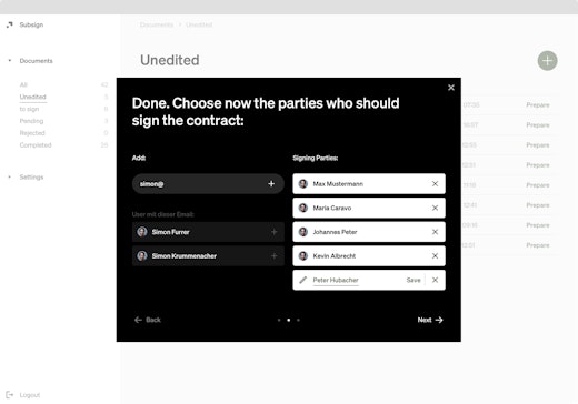 A screenshot of Subsign showing how users are invited