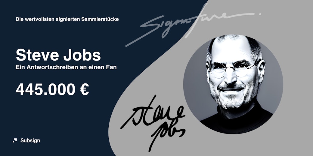 Ein Bild von Steve Jobs und dem Sammlerwert eines Schreibens an einen Fan von 445.000 Euro