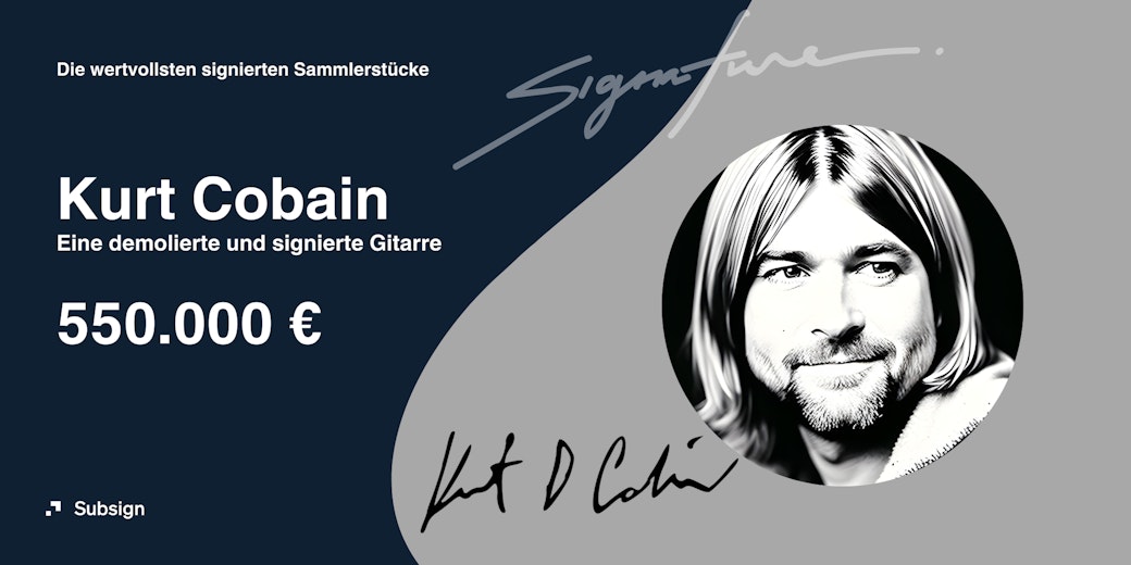 Ein Bild von Kurt Cobain und dem Sammlerwert ein demolierten und signierten Gitarre von 550.000 Euro