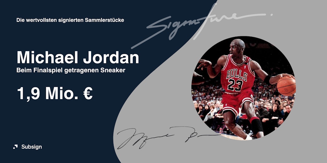 Ein Bild von Michael Jordan und dem Sammlerwert für einen am Finalspiel getragenen Sneaker von 1.9 Mio. Euro