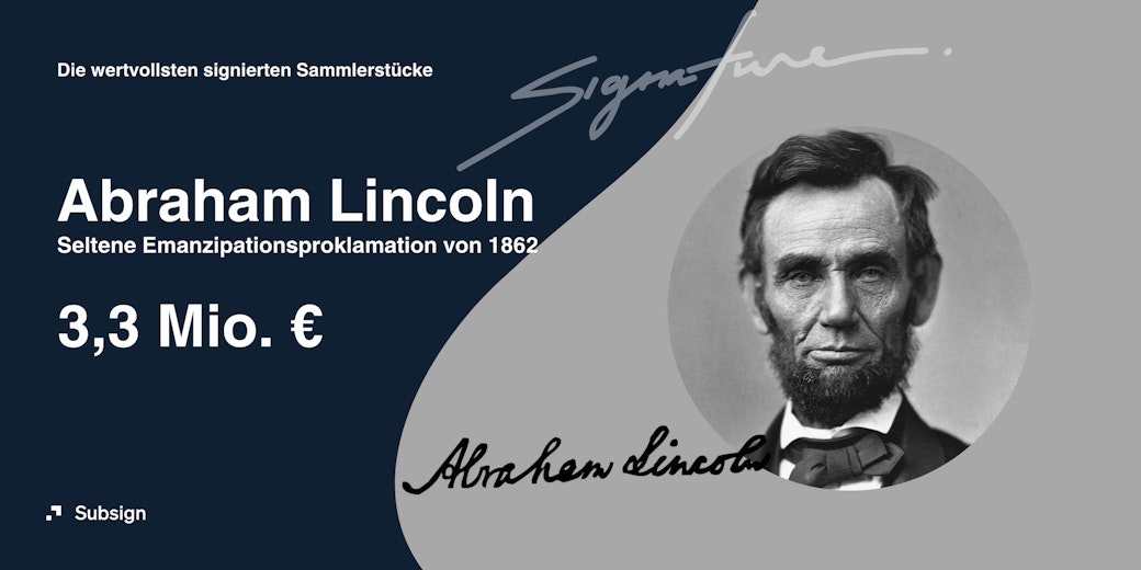 Ein Bild von Abraham Lincoln und dem Sammlerwert für seine Emanzipationsproklamation von 3.3 Mio. Euro