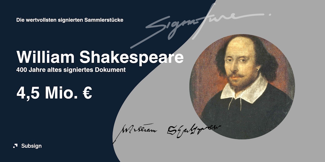 Ein Bild von William Shakespeare und dem Sammlerwert für ein 400 Jahre altes signierts Dokument von 4.5 Mio. Euro