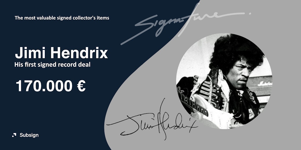 A picture of Jimi Hendrix and the value of his signed record contract of 170,000 euros