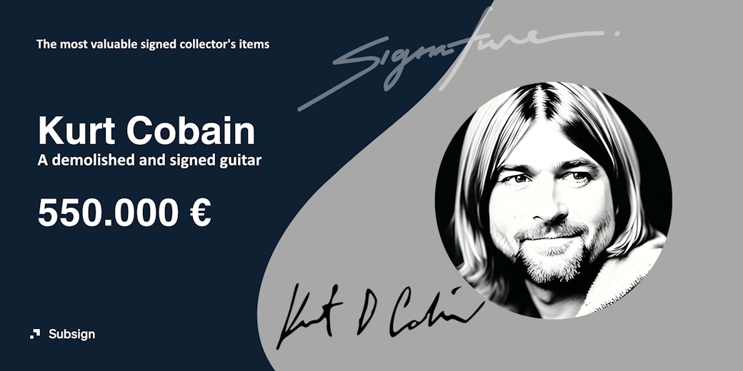 A picture of Kurt Cobain and the collector's value of a demolished and signed guitar of 550,000 euros