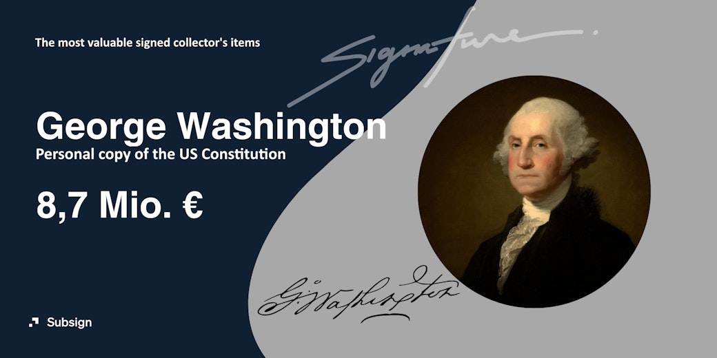A picture of George Washington and the collector's value for a personal copy of the US Constitution of 8.7 million euros
