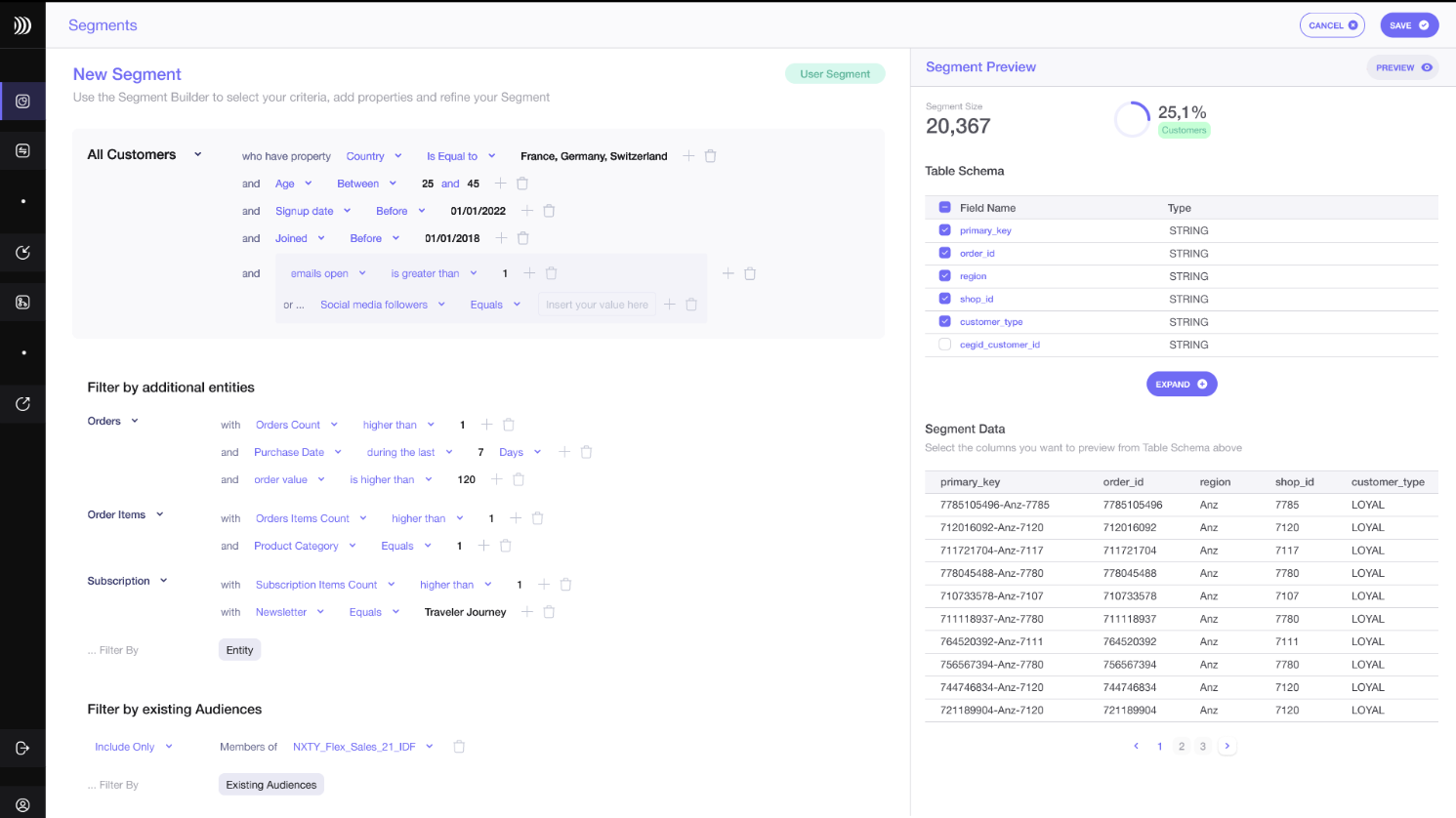 You can create segments without any technical skills by using our visual Audience Builder.