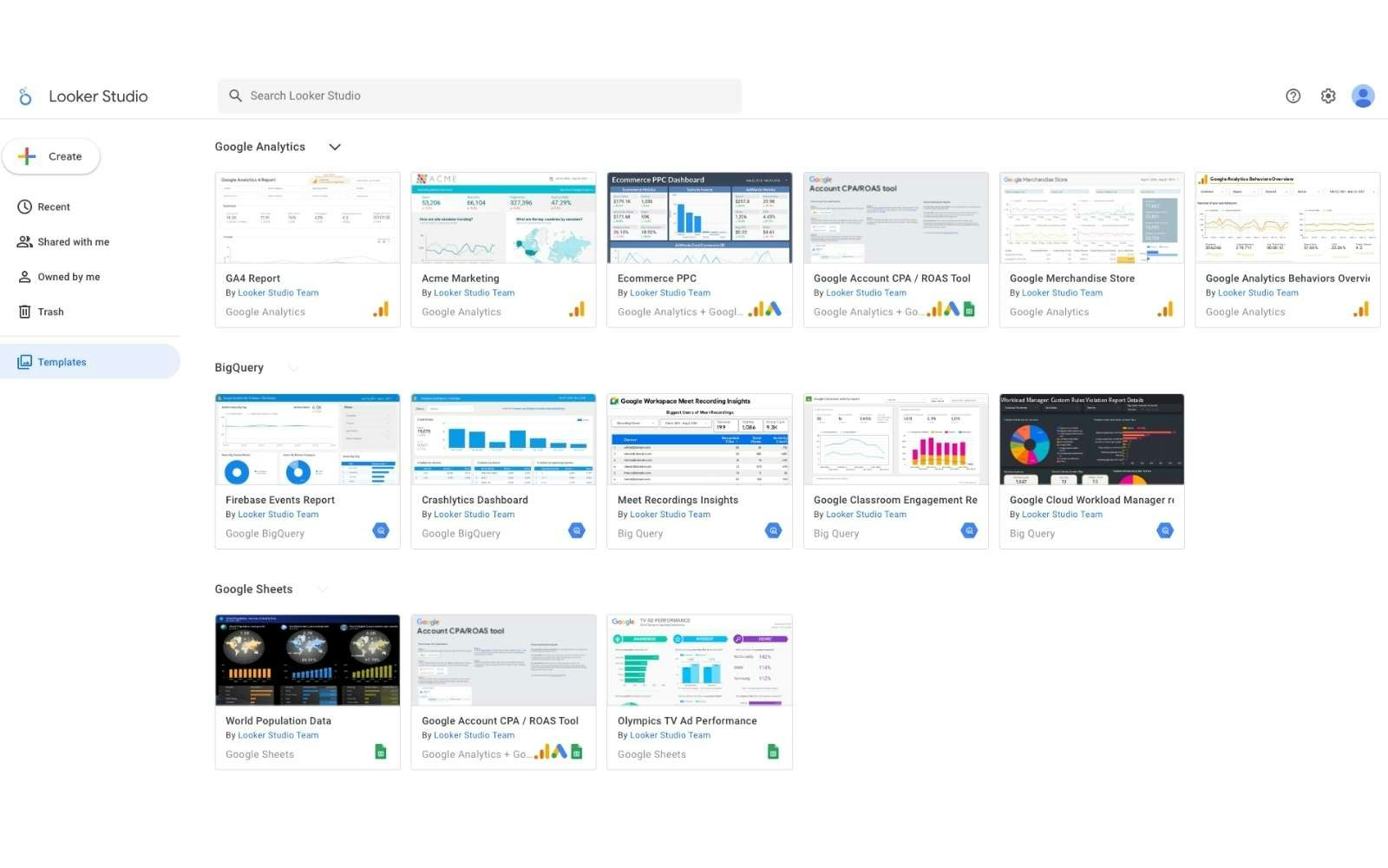The Looker Studio tool offers a wide range of templates for every need