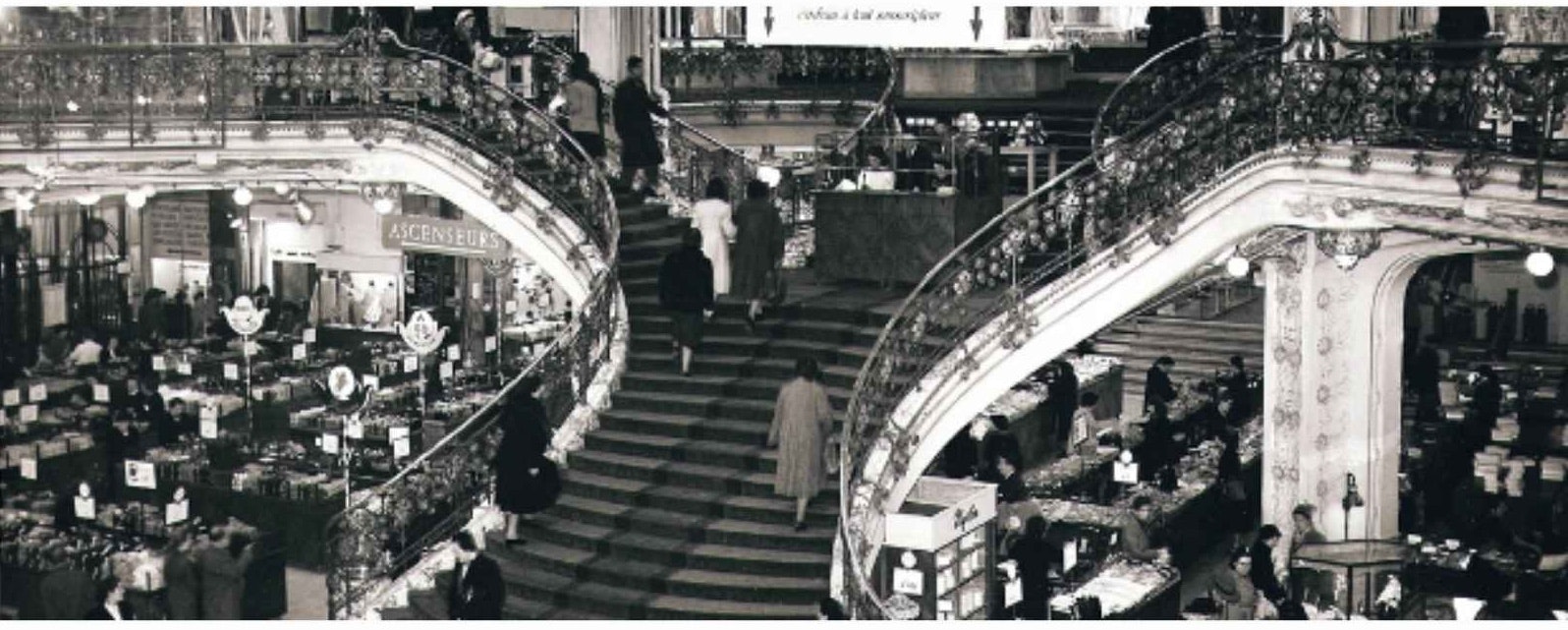 Vintage photograph of the staircase at Galeries Lafayette