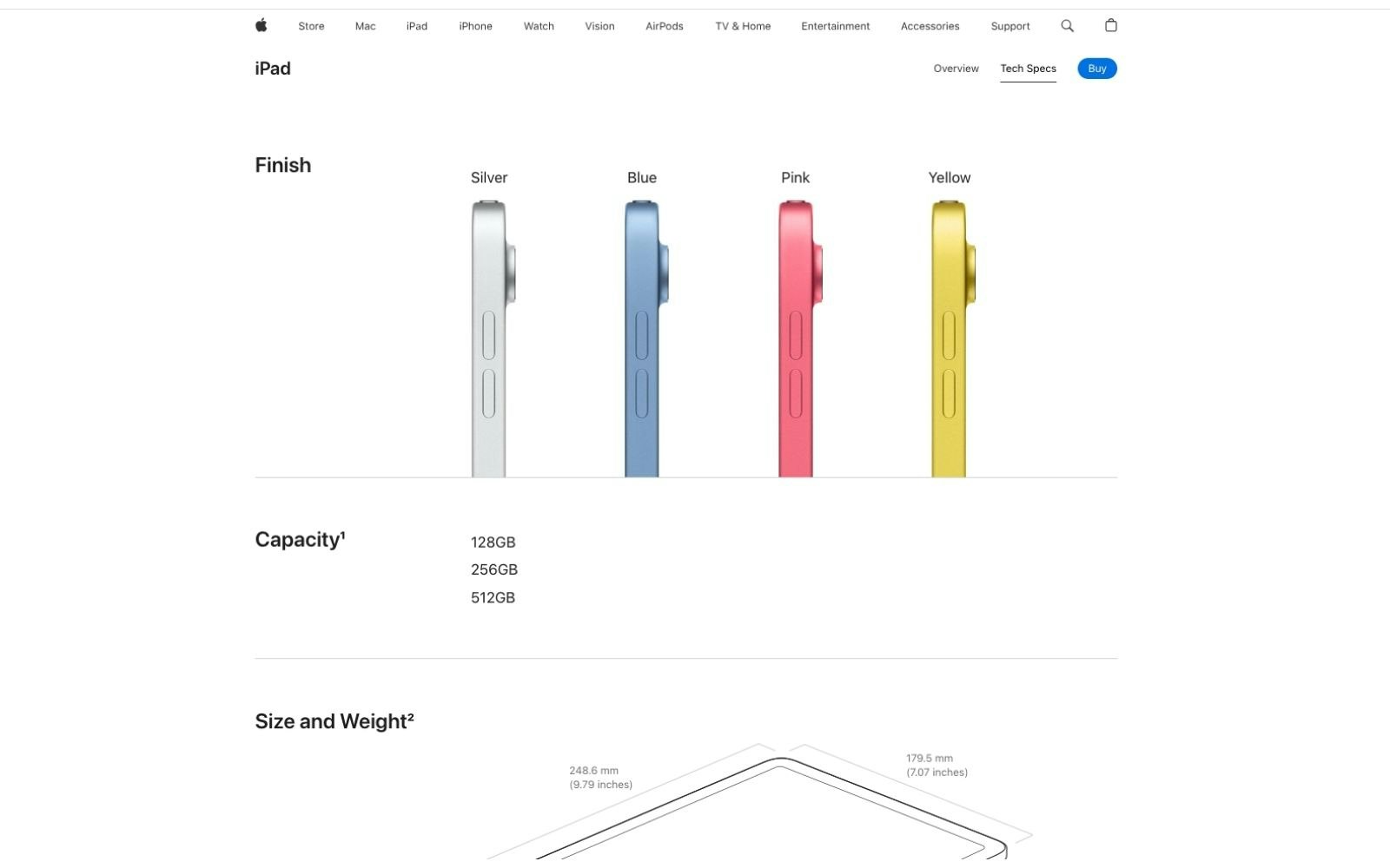 Colors, capacity, and size of the iPad on the Apple website