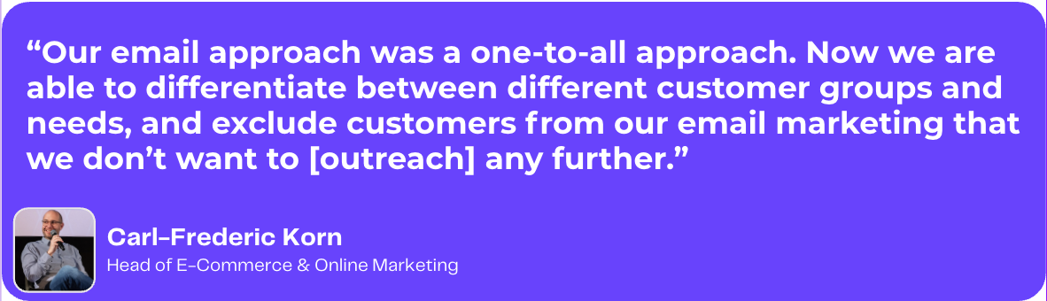 Carl-Frederic Korn quote about DinMo. Our email approach was a one-to-all approach. Now we are able to differentiate between different customer groups and needs, and exclude customers from our email marketing that we don't want to outreach any further.