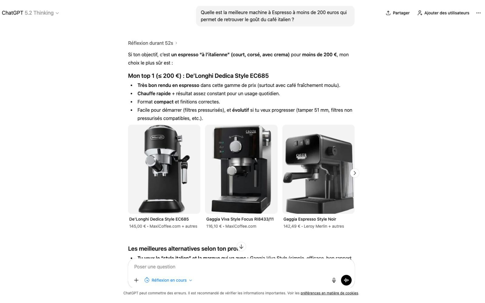 Conseils shopping dans ChatGPT Conseils shopping pour une machine à café dans ChatGPT