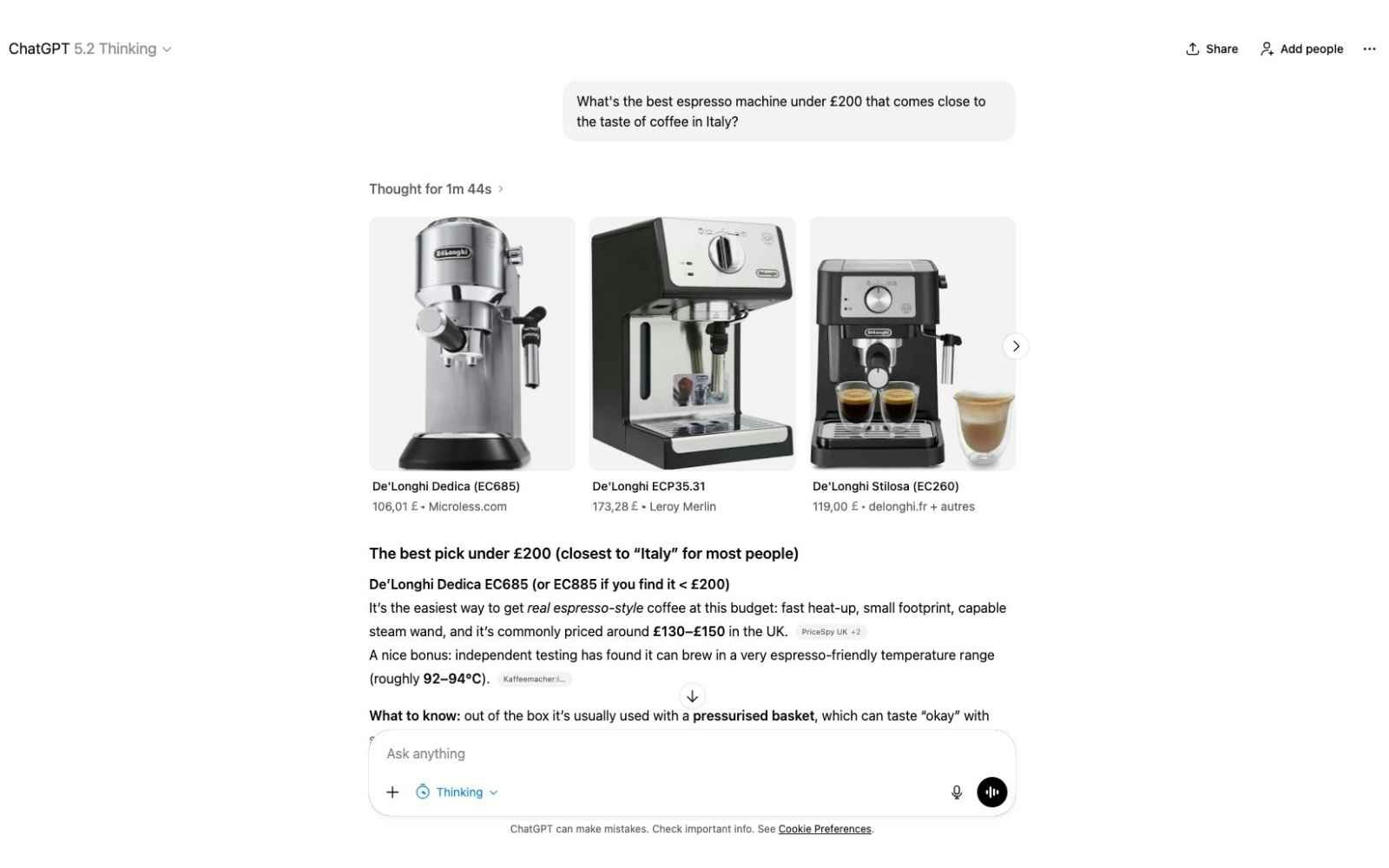 Shopping adive for a coffee machine in ChatGPT