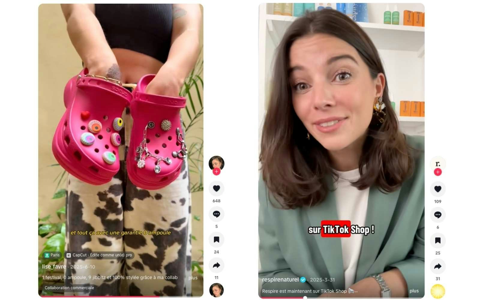 Deux marques très actives sur TikTok Shop : Crocs et Respire (source : TikTok) Vidéos TikTok Shop de Crocs et Respire