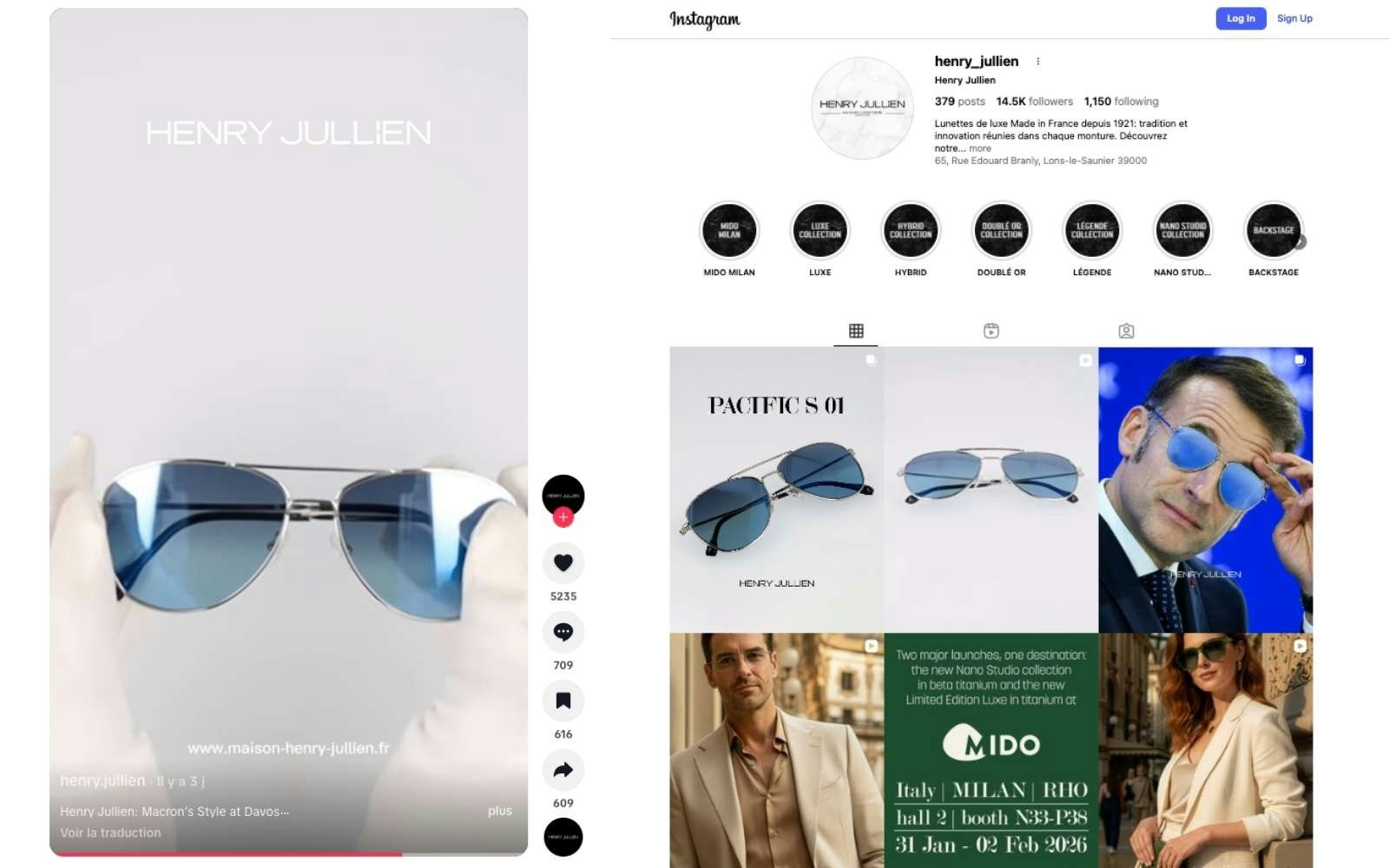 La marque Henry Jullien a parfaitement exploité la hype autour des lunettes de soleil d'Emmanuel Macron (source : TikTok et Instagram) Pages TikTok et Instagram de la marque de lunettes Henry Jullien avec Emmanuel Macron