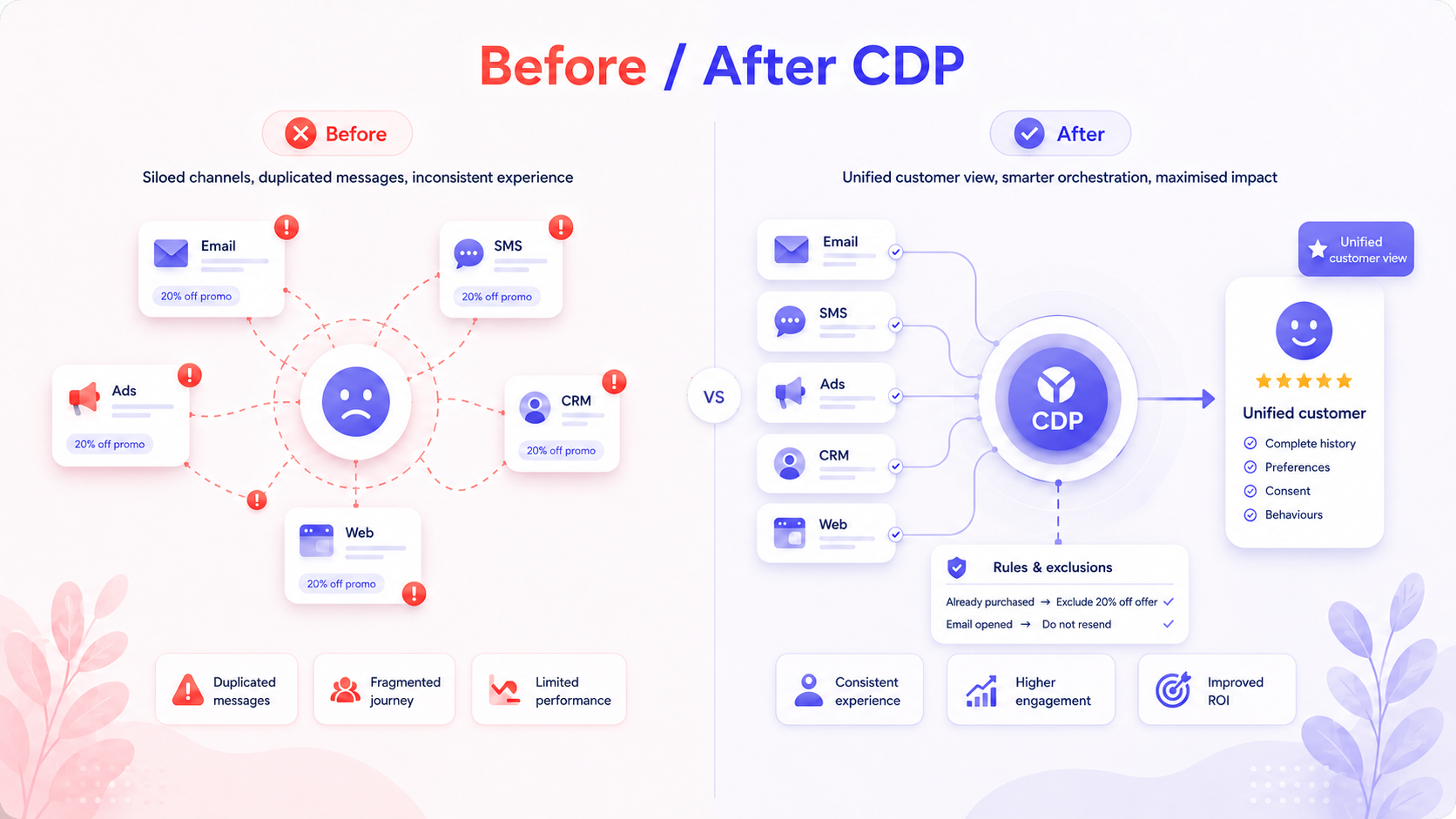Before and after CDP orchestration Comparison showing siloed marketing channels before CDP implementation and a unified customer view with smarter orchestration after CDP implementation.
