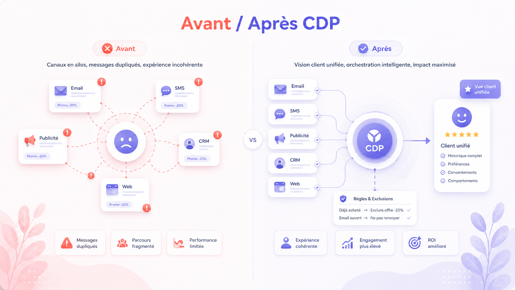 Avant / après CDP : d’une vision par canal à une vision client Comparatif montrant comment une CDP permet de passer d’une gestion marketing par canal, avec des messages dupliqués, à une vue client unifiée avec des règles d’orchestration et d’exclusion.