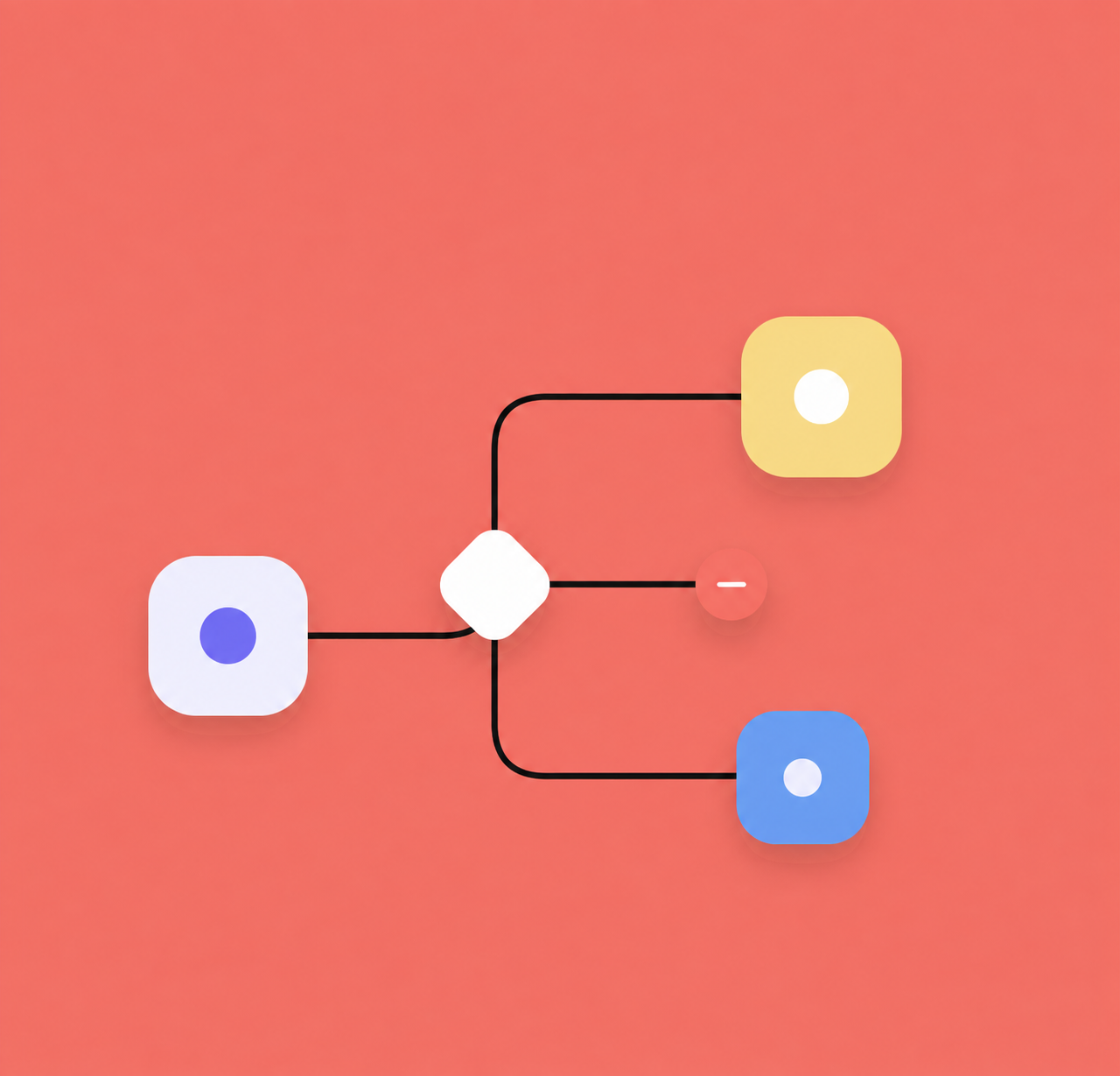 Parcours abstrait ramifié sur fond corail illustrant les décisions et les sorties d’un Journey Builder.