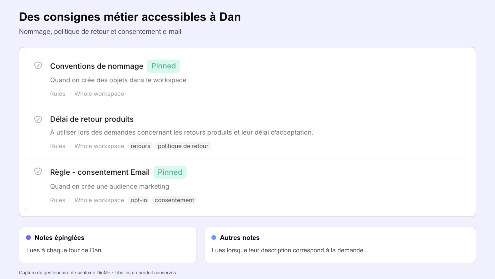 Le gestionnaire de contexte DinMo regroupe des consignes de nommage, de retour produit et de consentement e-mail, dont certaines sont épinglées.