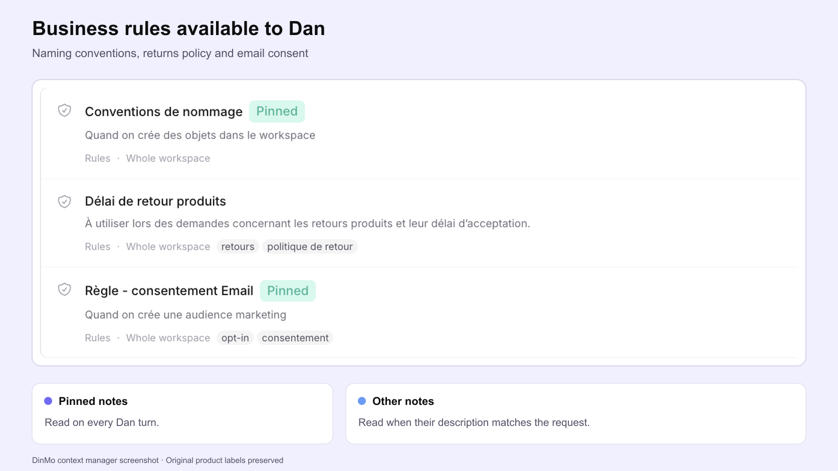 The DinMo context manager lists naming, product returns and email consent guidelines, with selected notes pinned.