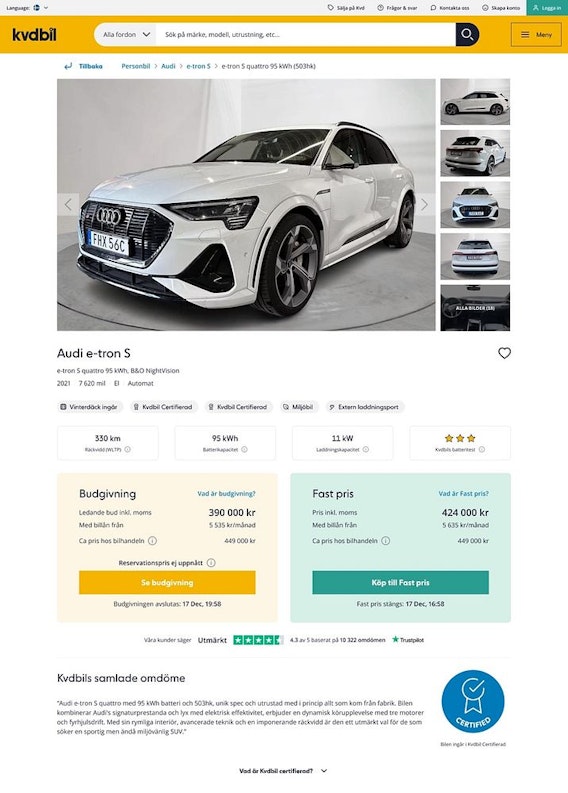Skärmavbild på en bilannons från kvd.se