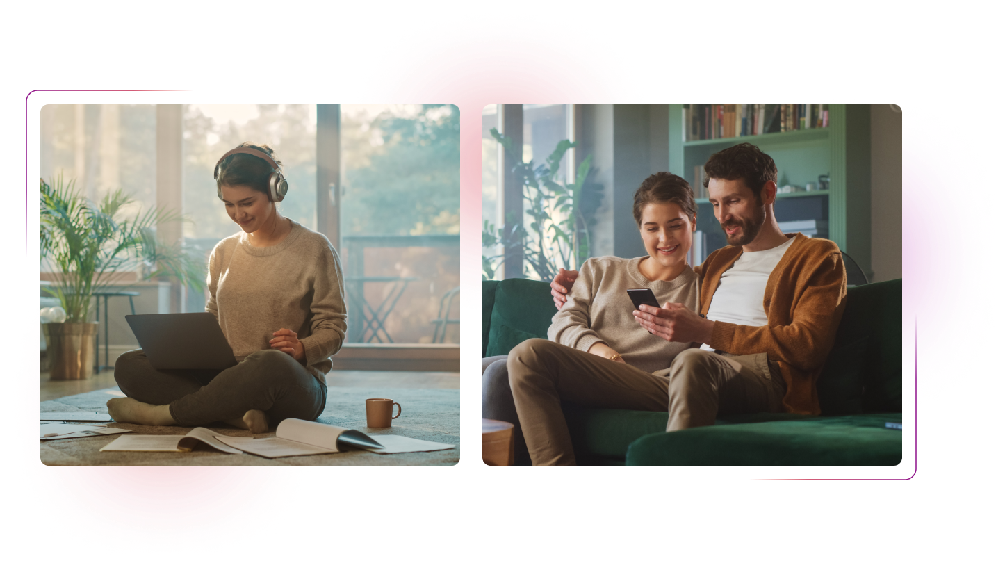 Man and woman using smartphone and laptop