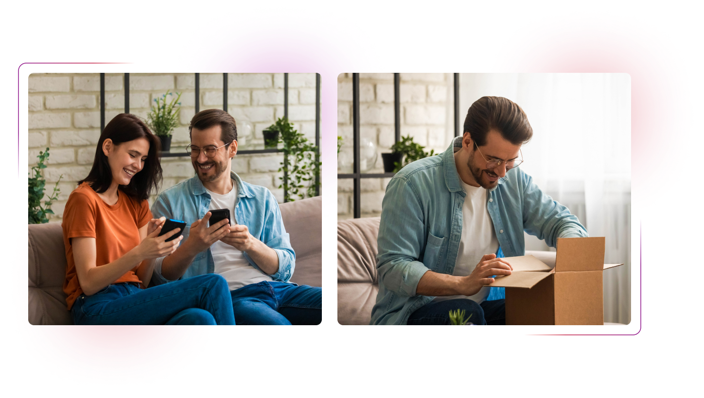 Young couple using smartphones